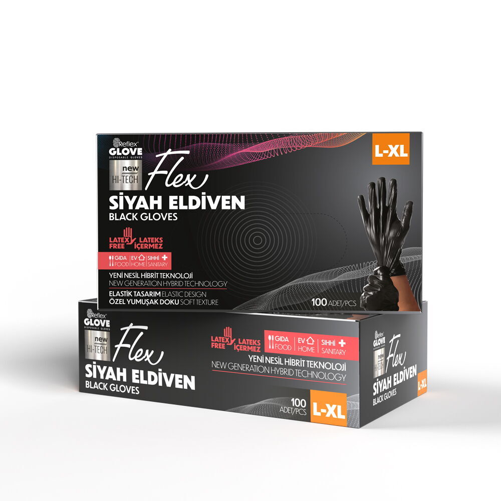 100 Adet Flex Tpe Siyah Eldiven - L-XL Beden
