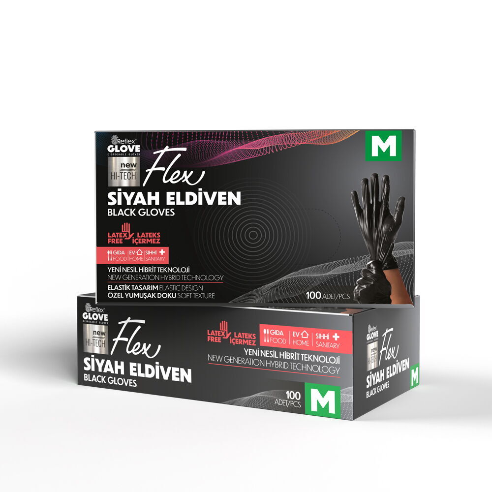 100 Adet Flex Tpe Siyah Eldiven - M Beden